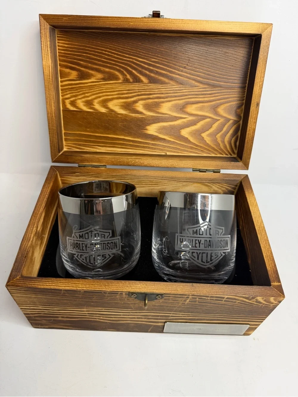 Harley-Davidson Official Whiskey Glass Gift Set 2 - Rustic Wooden Box Toledo